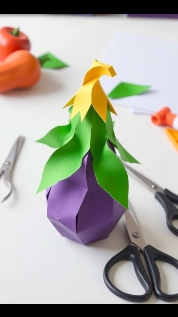3D Eggplant Paper Craft Project A vibrant 3D paper eggplant craft made from colored paper, displayed on a crafting table with scissors and glue.